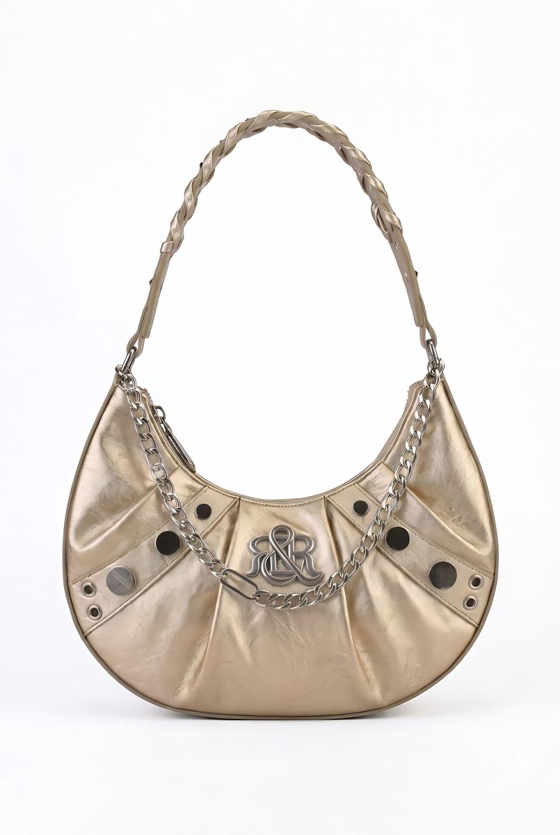 Studded Crescent Hobo Bag with Braided Chain and R&R Log