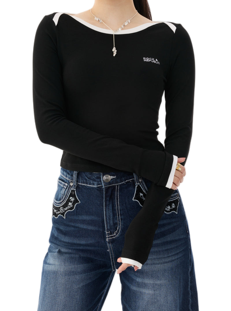 Contrast Trim Fitted Long Sleeve Top