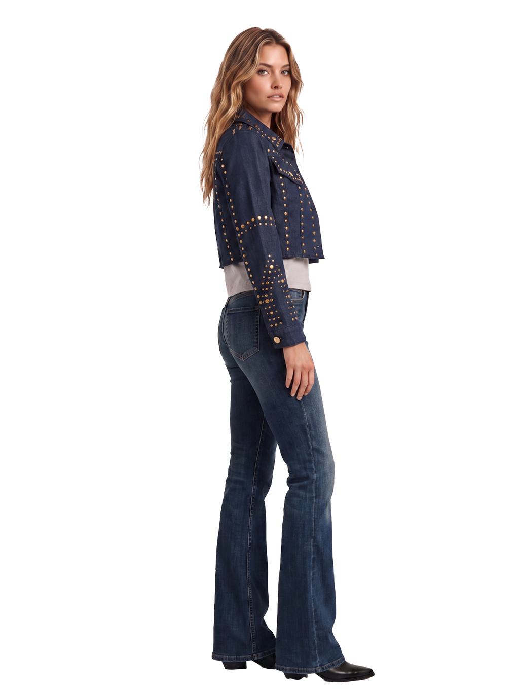 Gold-Stud Cropped Denim Jacket