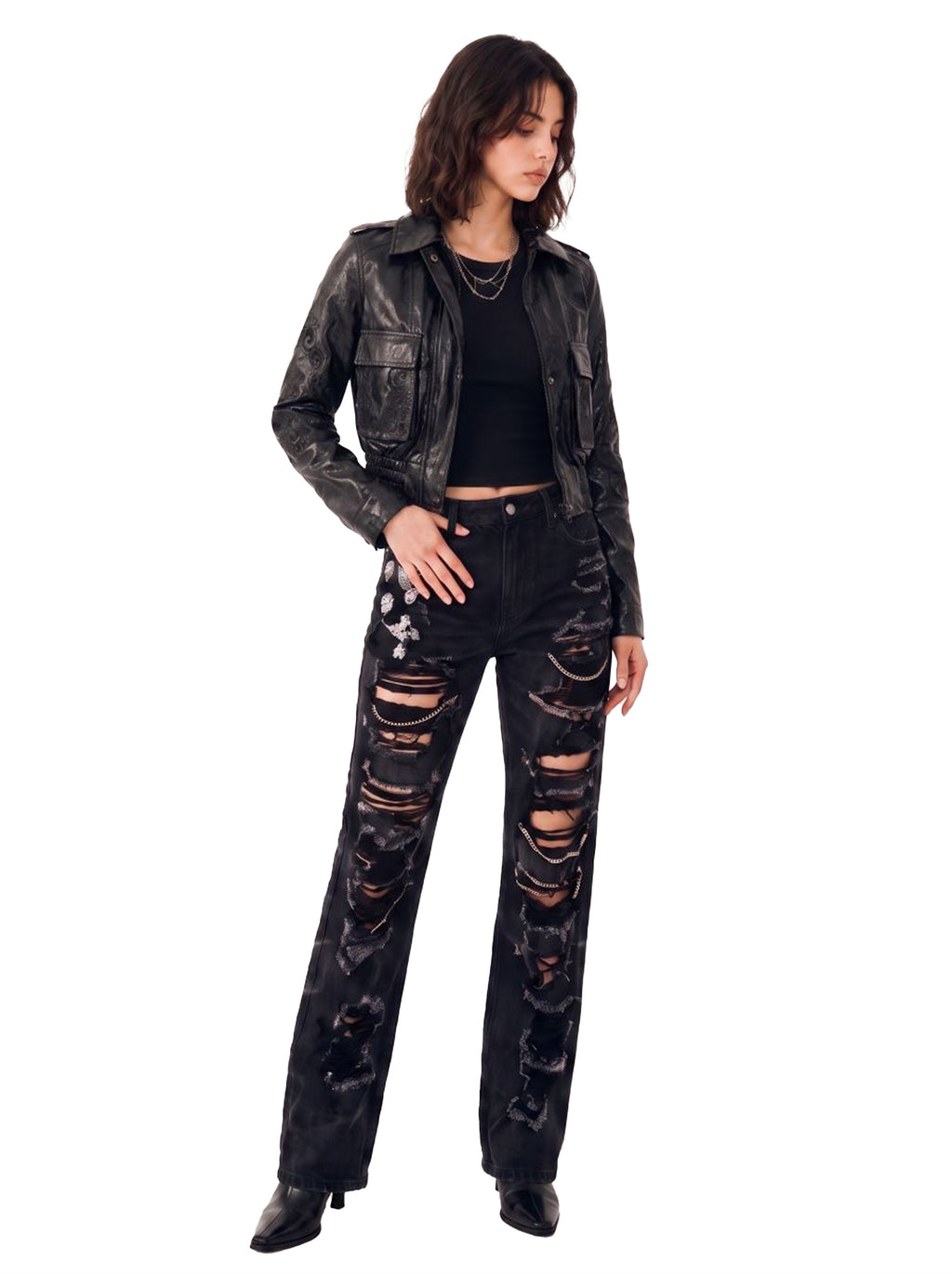 Women's Embroidered Cropped Leather Jacket