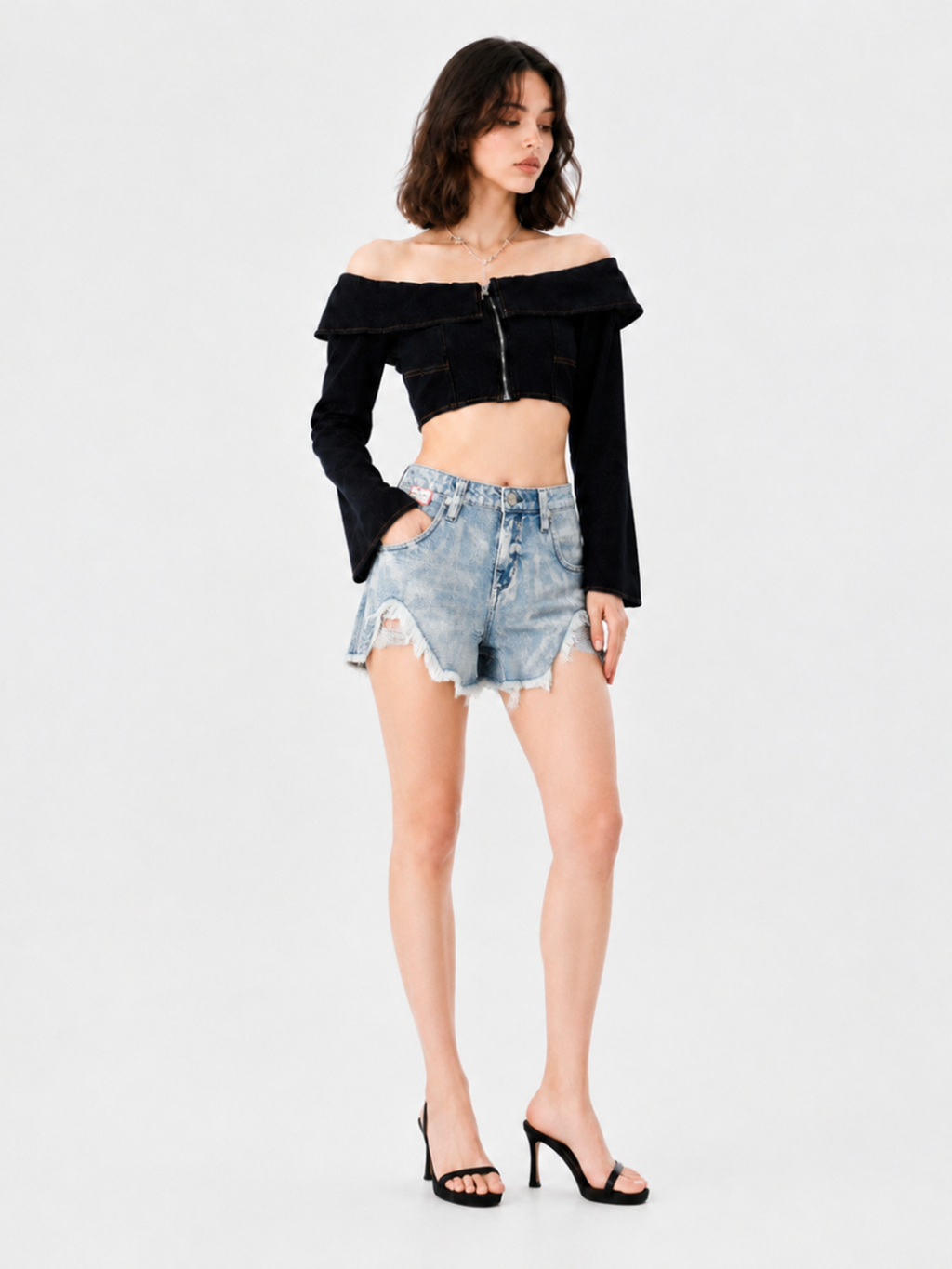 Curved Seam Denim Shorts