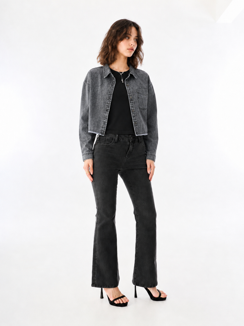 Washed Grey Cropped Denim Jacket