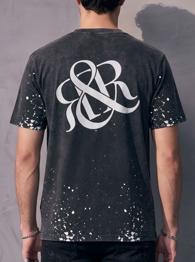 Rock Graphic T-Shirt with Distressed Paint Splatter Detail