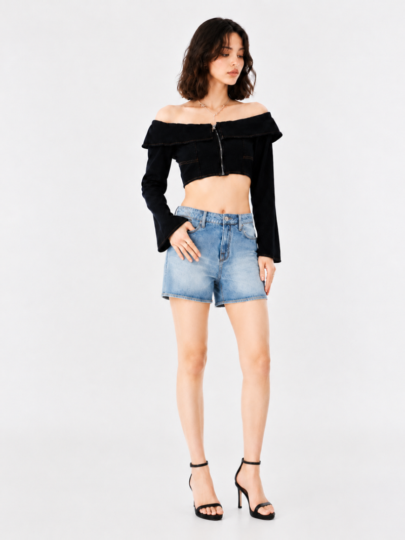 Asymmetric Wrap Denim Shorts