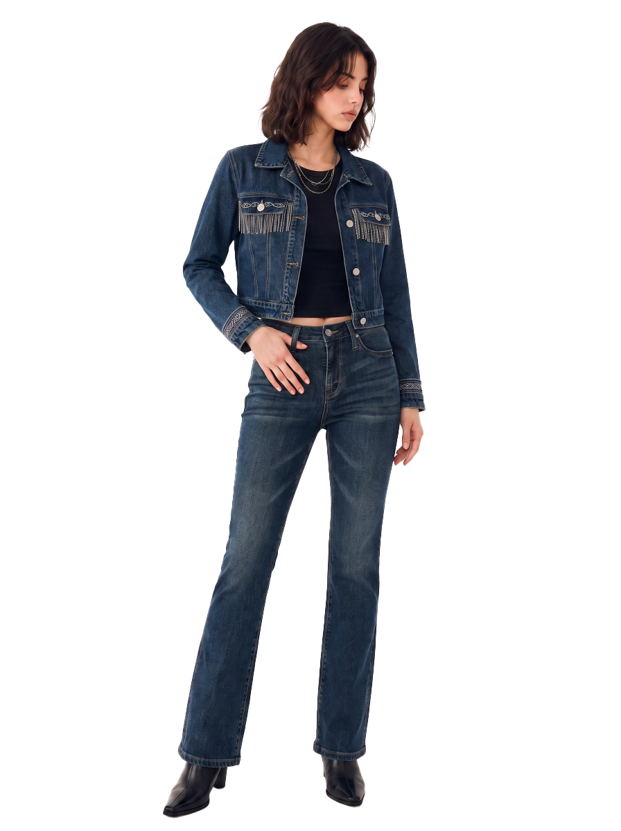 Riley Rhinestone Fringe Cropped Denim Jacket