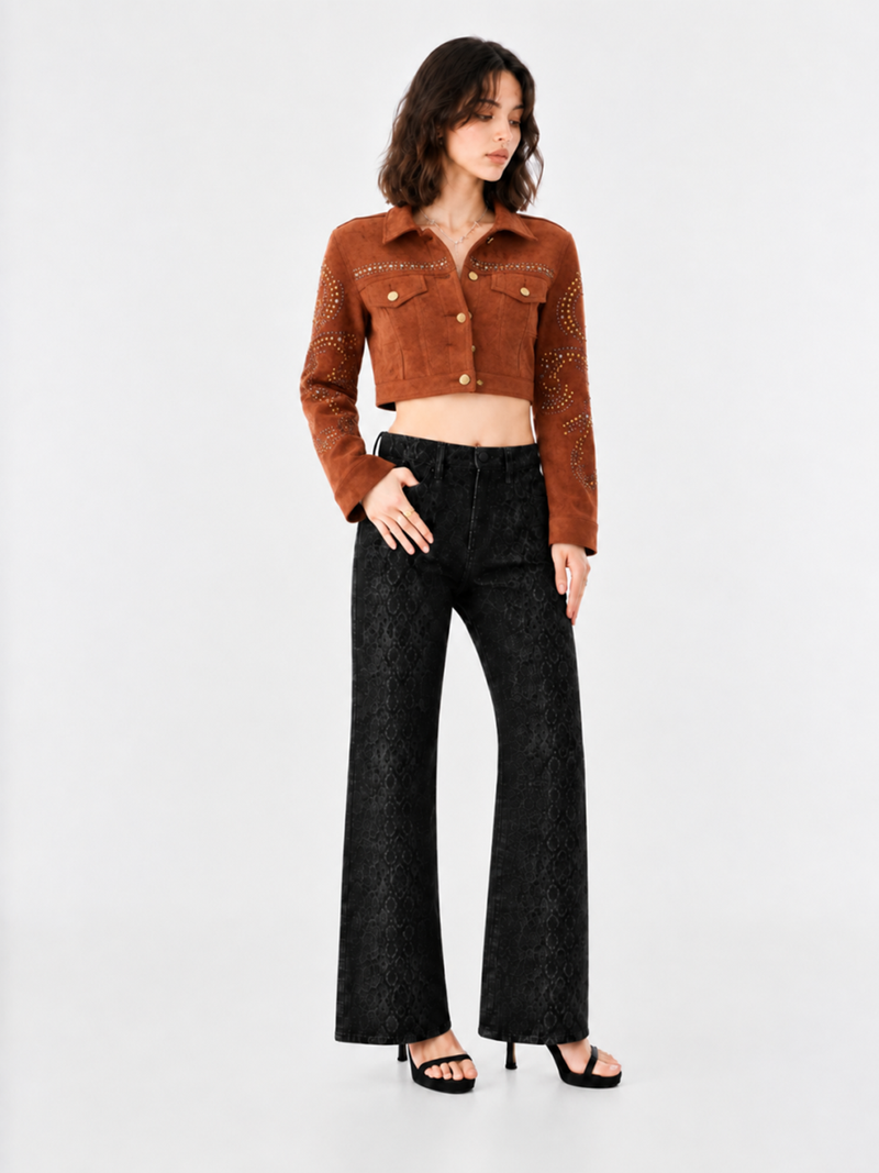 Studded Sleeve Brown Denim Jacket