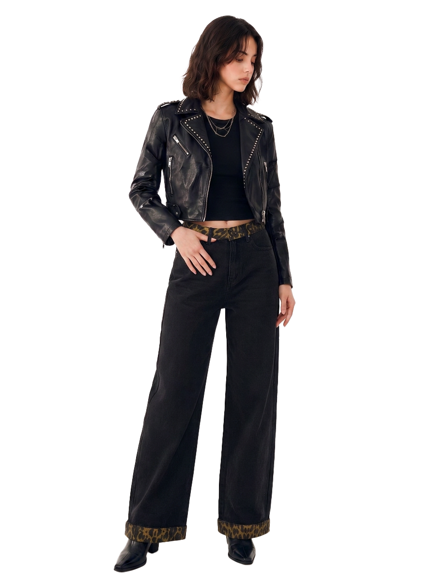 Kendall Leopard Trim Wide Leg Jean