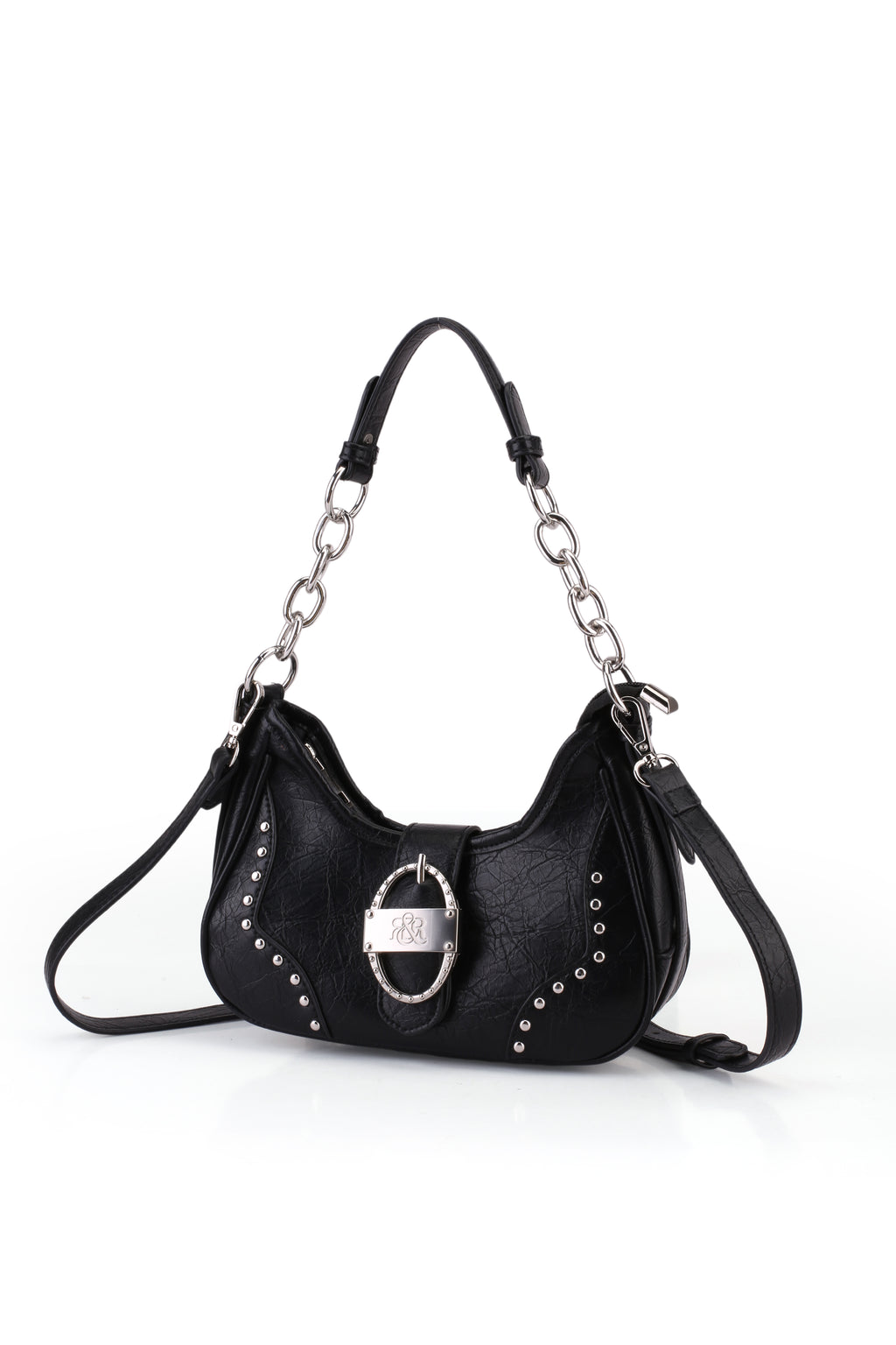 Studded Ruched Hobo Shoulder Bag with Chain Strap