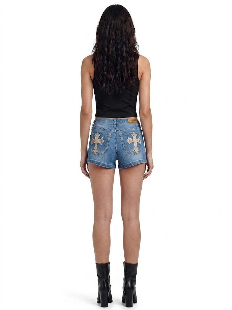Cross Appliqué Denim Shorts