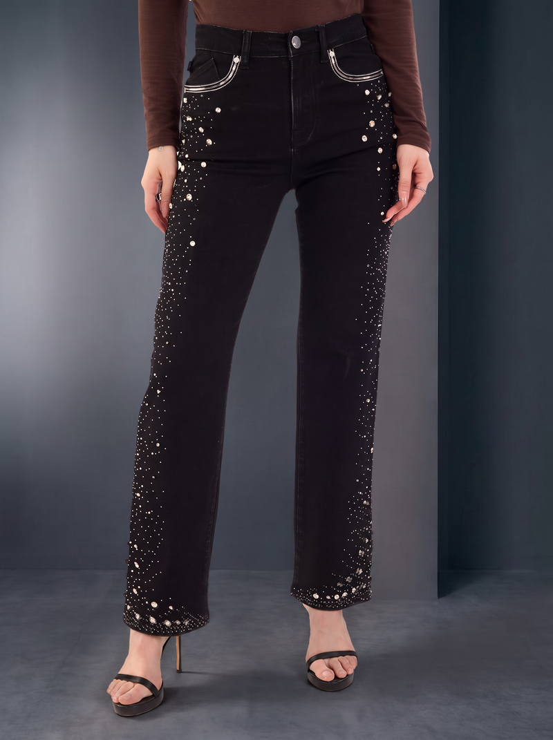 Kaia Mid Rise Crystal Spray Straight Jean