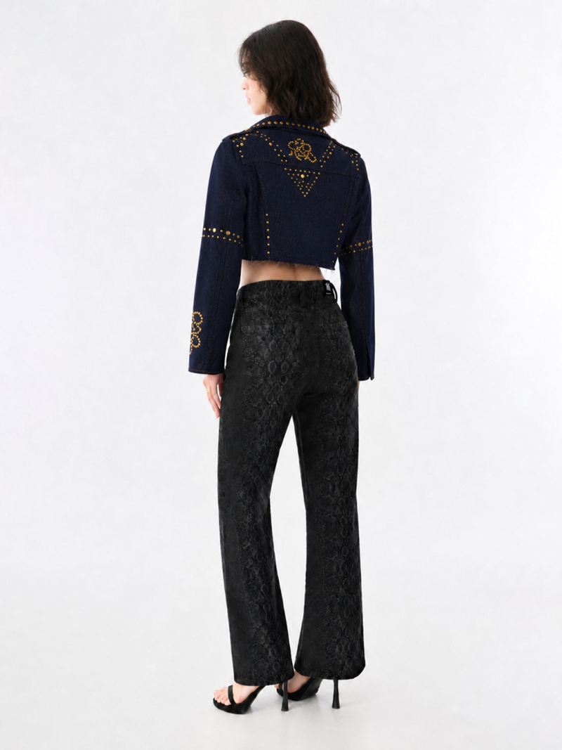 Gold-Stud Cropped Denim Jacket