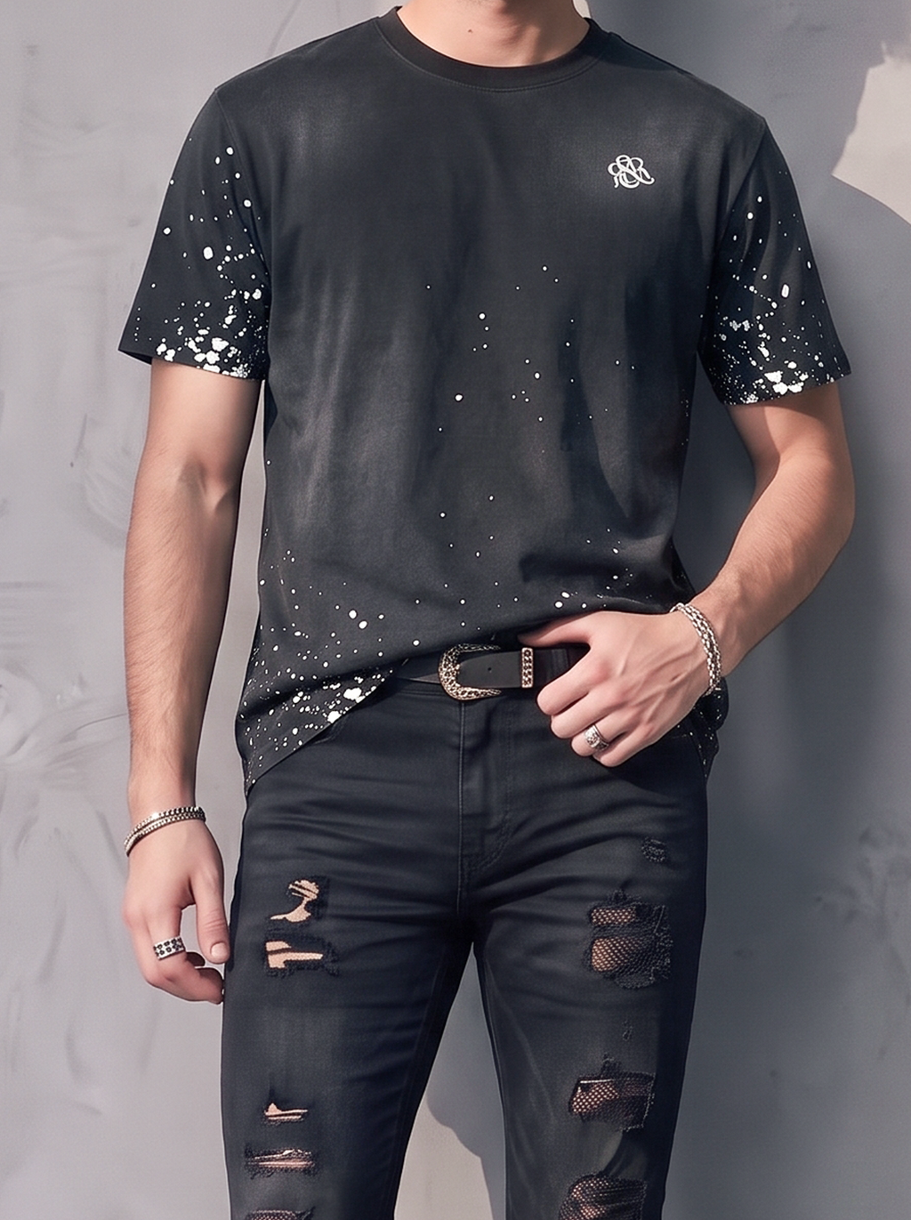 Rock Graphic T-Shirt with Distressed Paint Splatter Detail