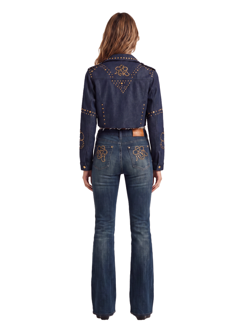 Gold-Stud Cropped Denim Jacket
