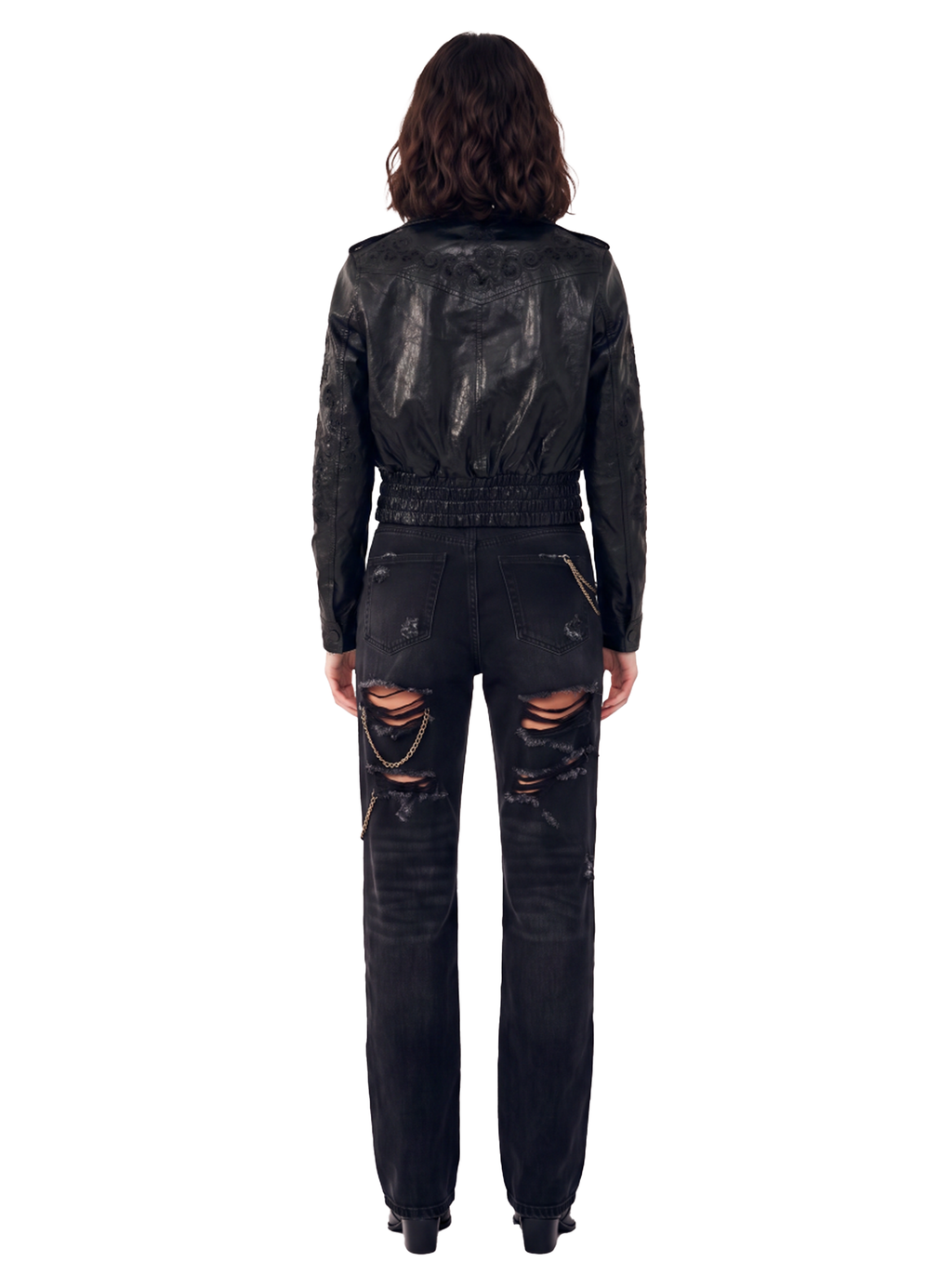 Women's Embroidered Cropped Leather Jacket