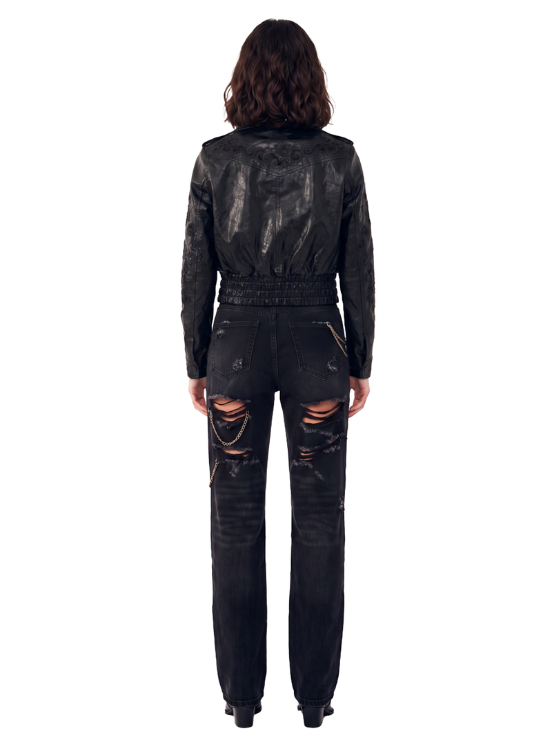 Women's Embroidered Cropped Leather Jacket
