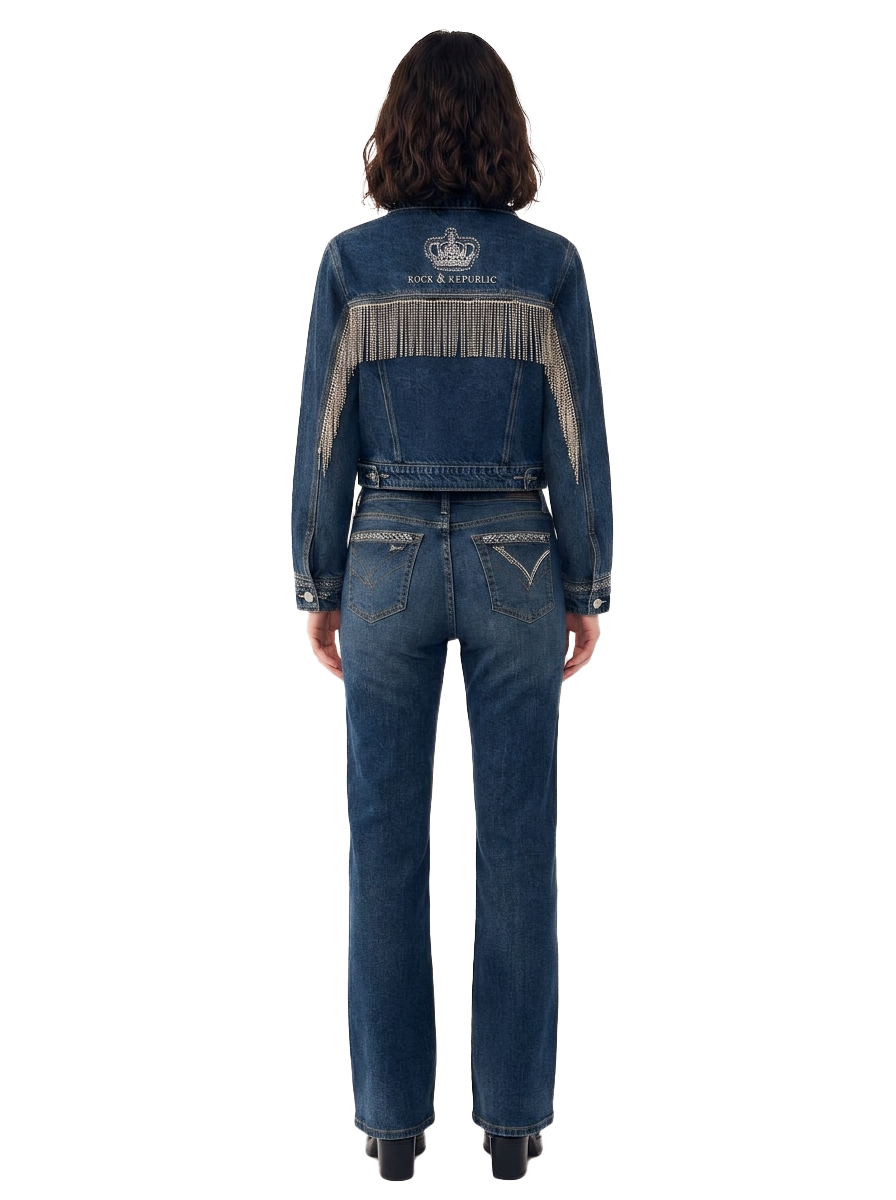 Riley Rhinestone Fringe Cropped Denim Jacket