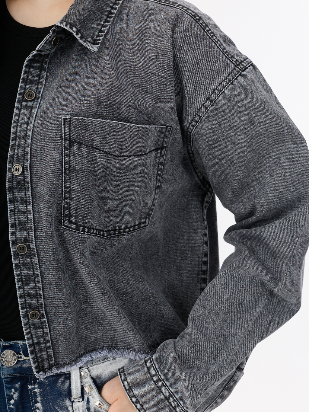 Washed Grey Cropped Denim Jacket