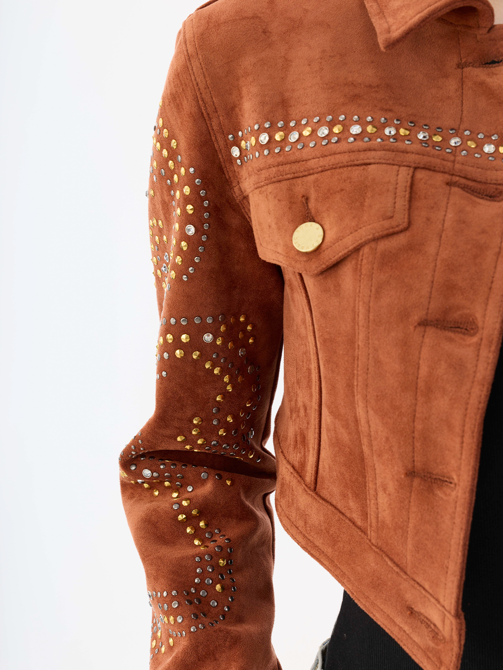 Studded Sleeve Brown Denim Jacket