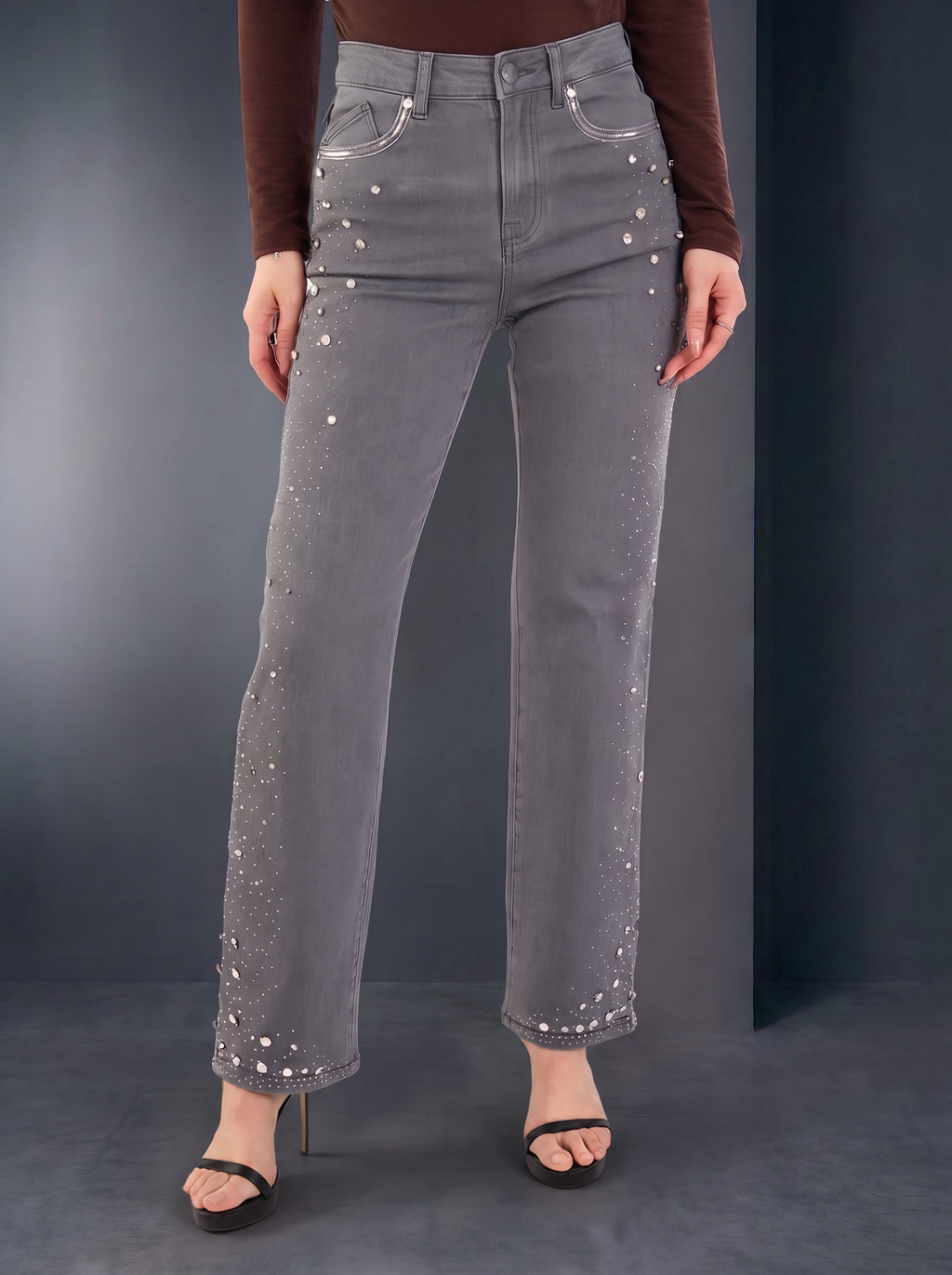 Kaia Mid Rise Crystal Spray Straight Jean