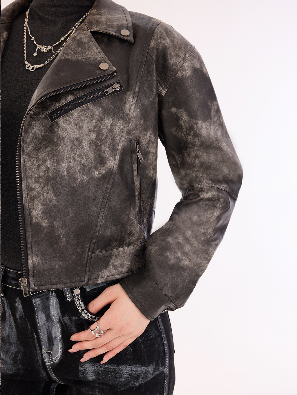 Mottled Faux Leather Moto Jacket