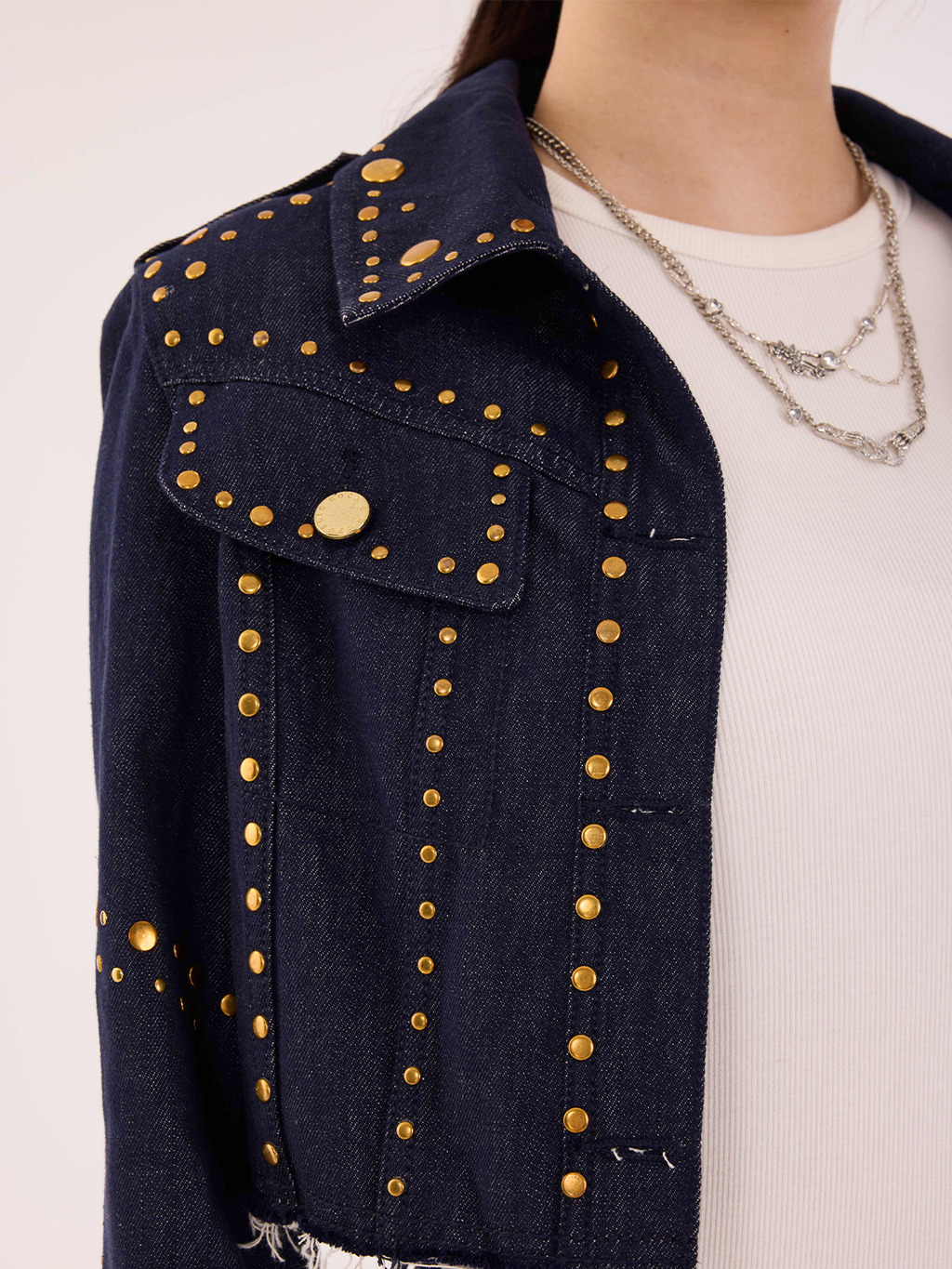 Gold-Stud Cropped Denim Jacket