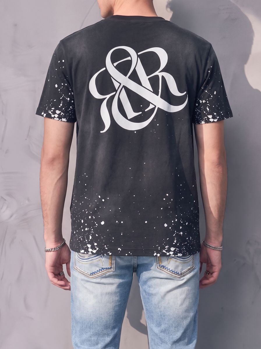 Rock Graphic T-Shirt with Distressed Paint Splatter Detail