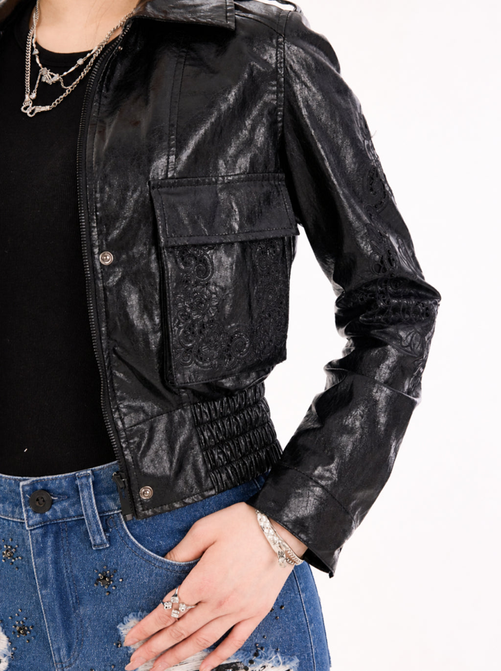 Women's Embroidered Cropped Leather Jacket
