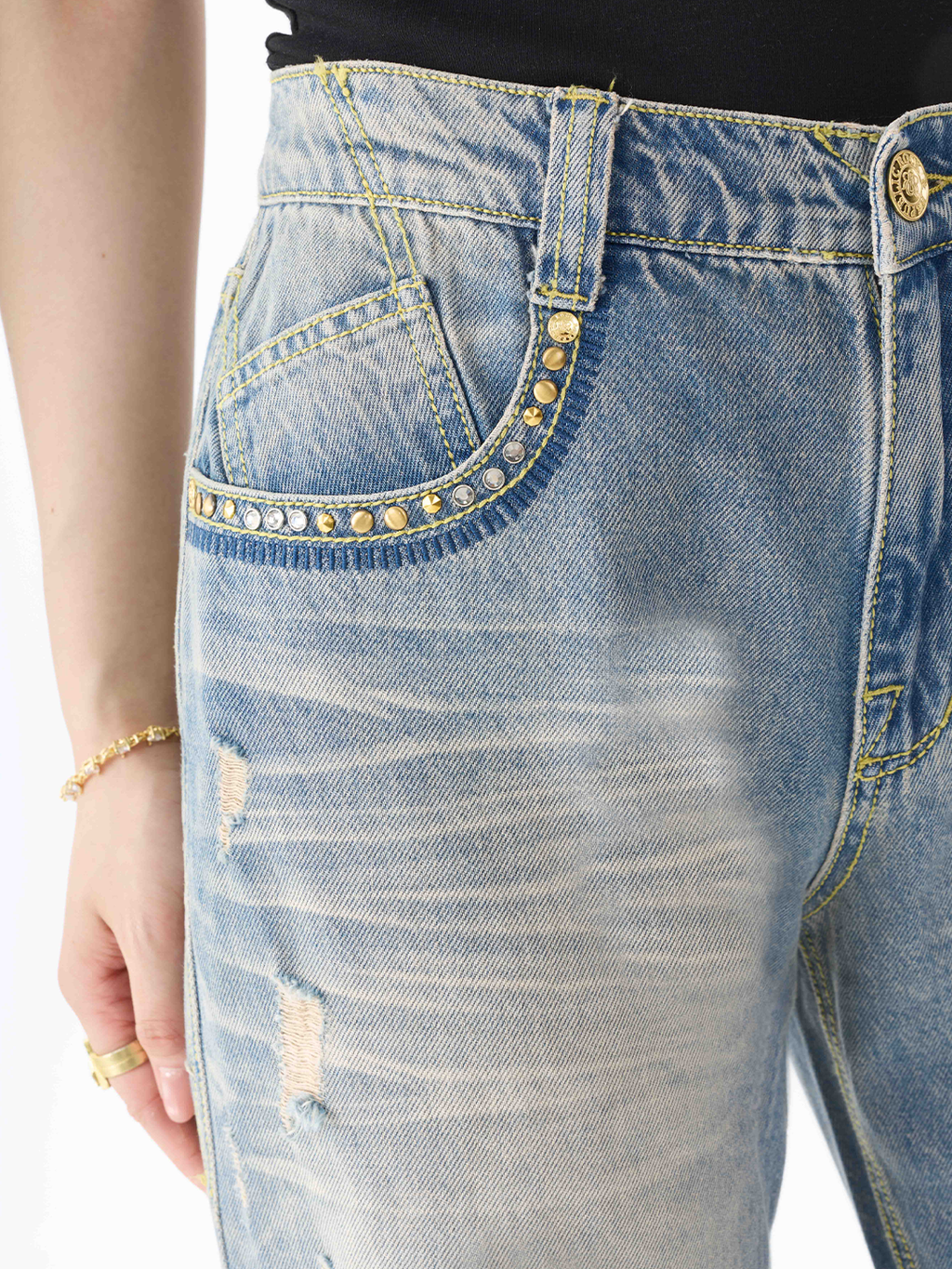 Neil Mid Rise Rhinestone-Embellished Straight Jean