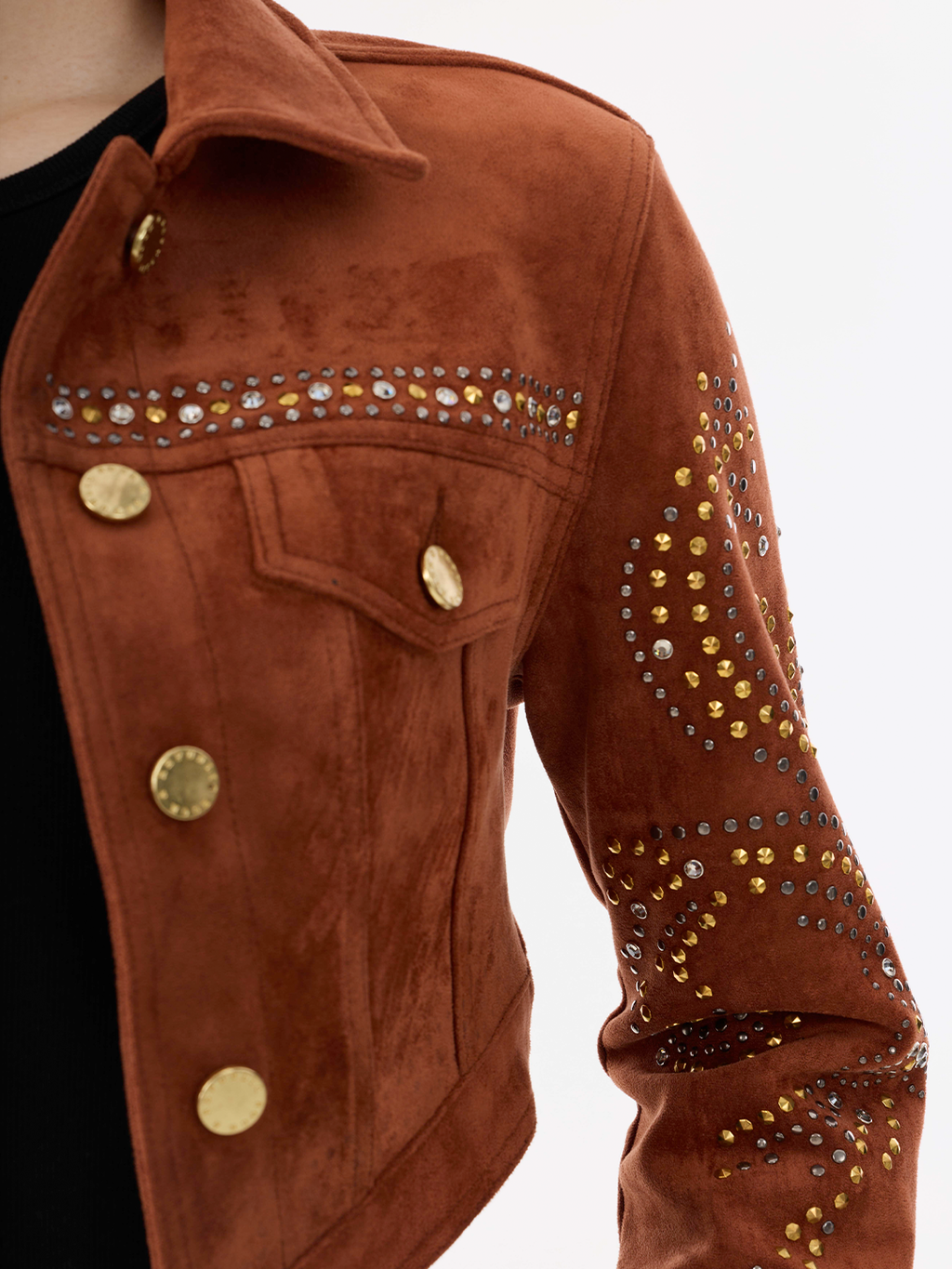 Studded Sleeve Brown Denim Jacket