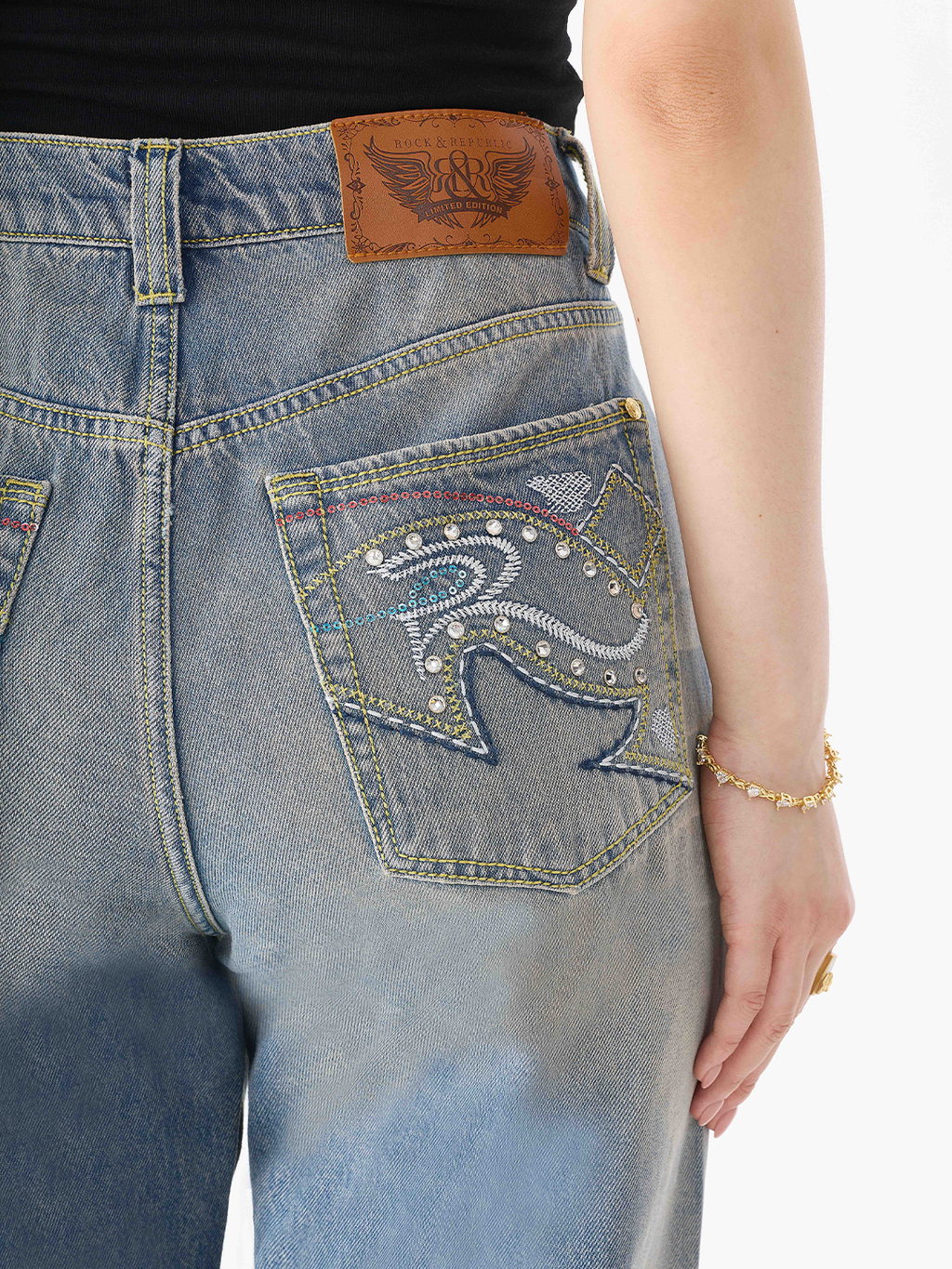 Neil Mid Rise Rhinestone-Embellished Straight Jean