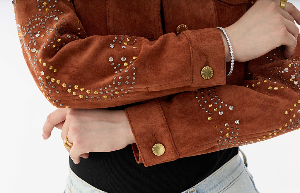Studded Sleeve Brown Denim Jacket