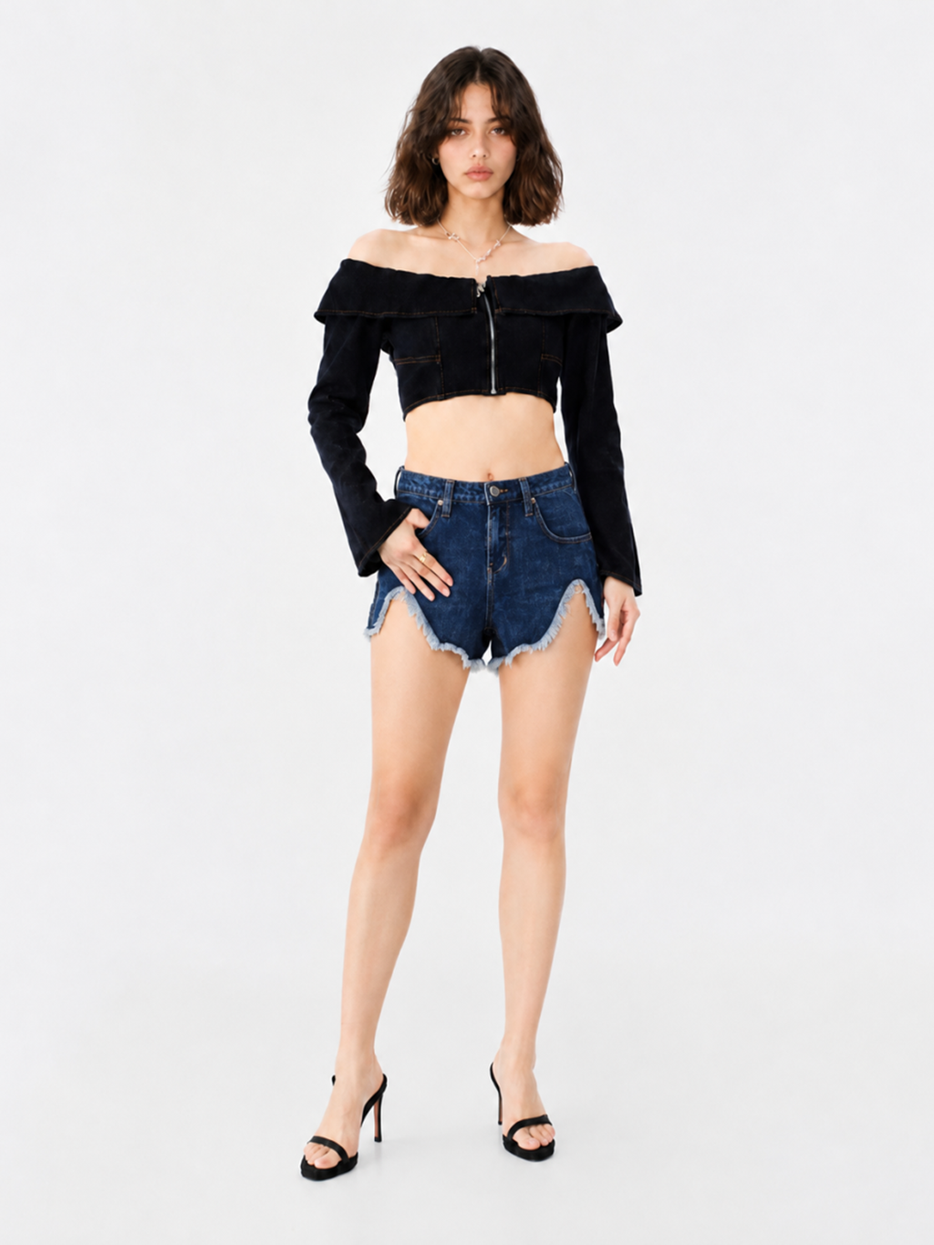 Curved Seam Denim Shorts
