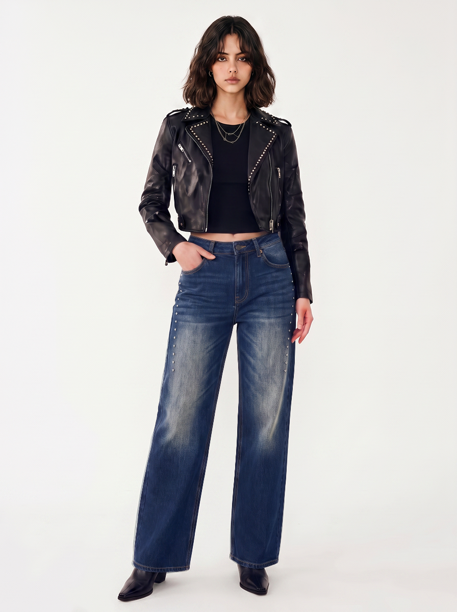 Kaia Studded Card Pocket Straight-Leg Jean
