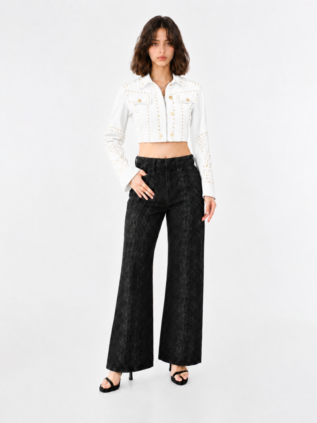 Gold-Stud Cropped Denim Jacket