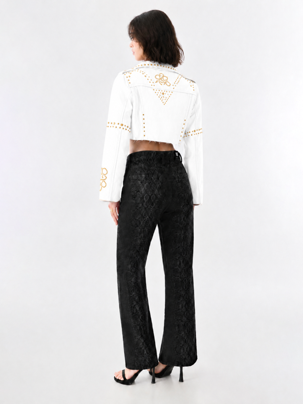 Gold-Stud Cropped Denim Jacket