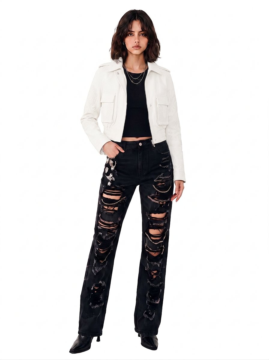 Women's Embroidered Cropped Leather Jacket