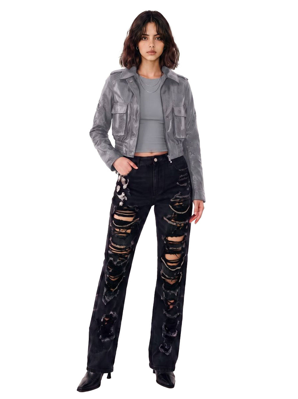 Women's Embroidered Cropped Leather Jacket
