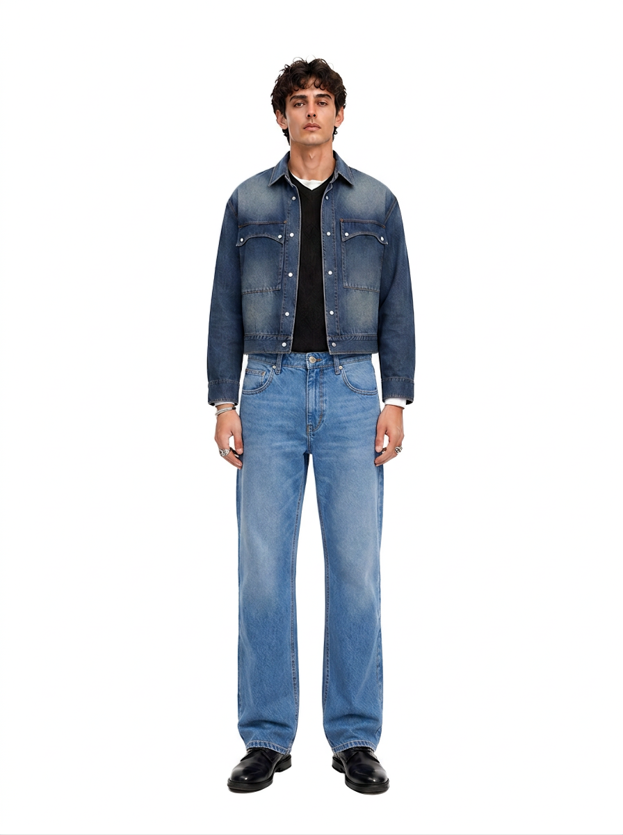 Grady Mid Rise Contrast Stitch Relaxed Straight Jean