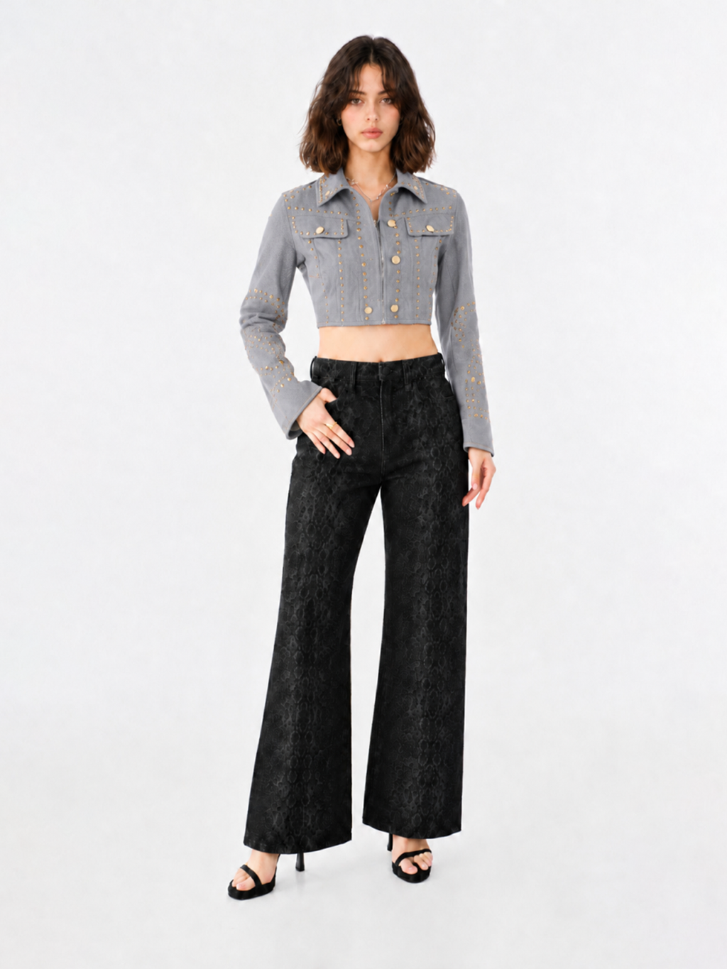Gold-Stud Cropped Denim Jacket
