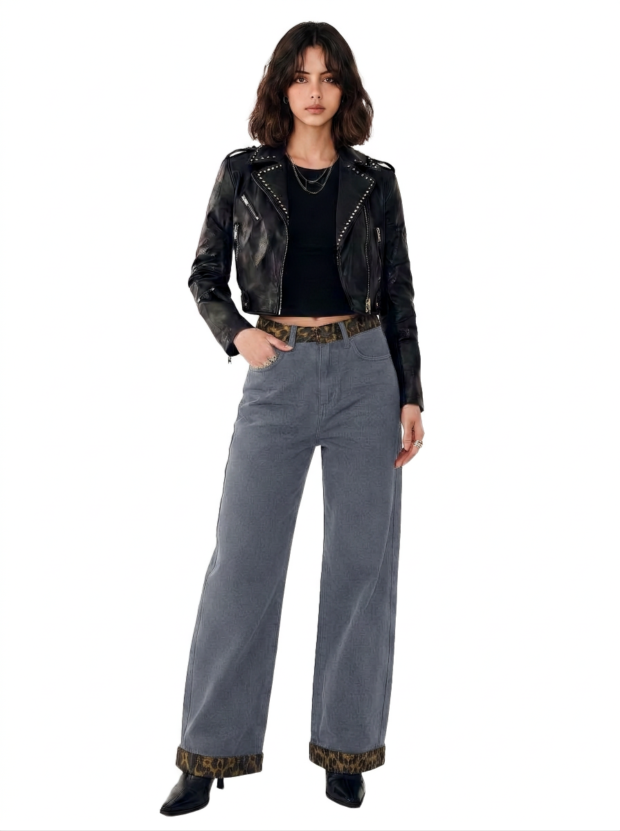 Kendall Leopard Trim Wide Leg Jean