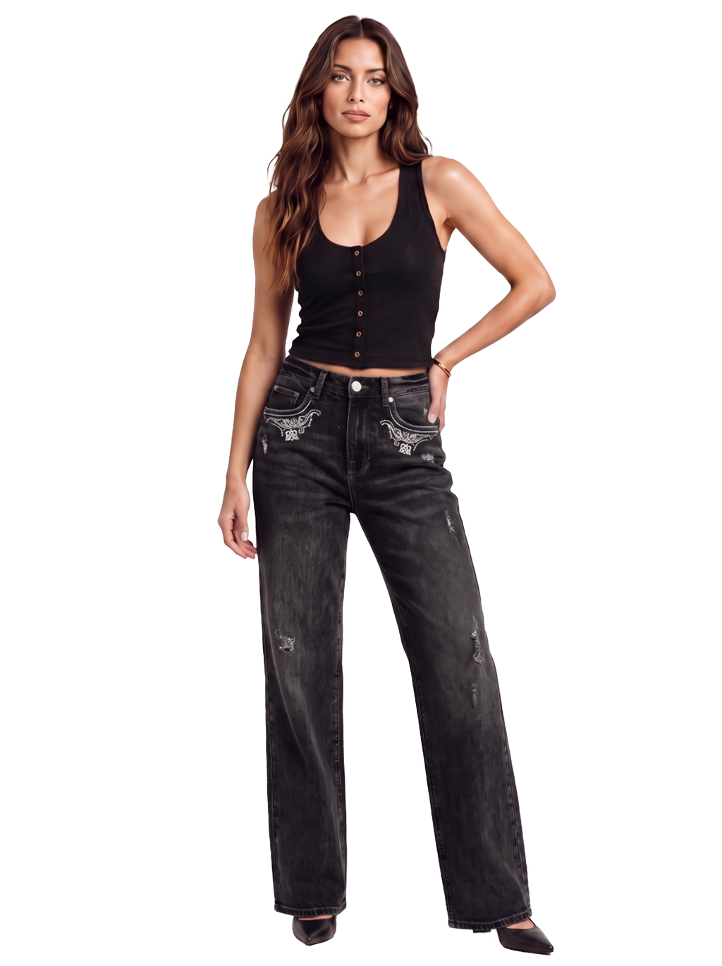 Kaia Mid Rise Embroidered Straight Jean