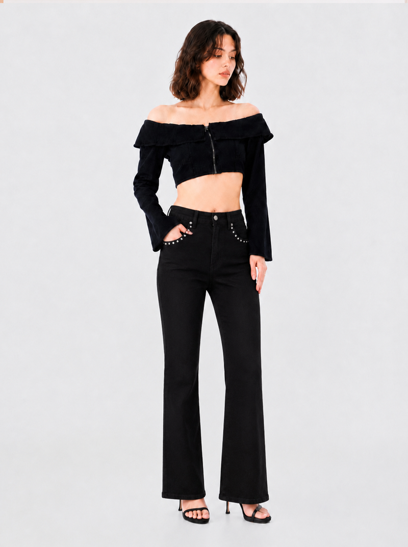 Kasandra Mid Rise Studded Bootcut Jean