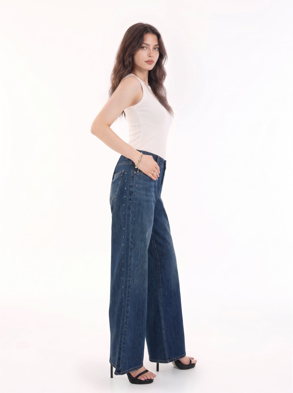Kendall High Rise Side Studded Wide Leg Jean