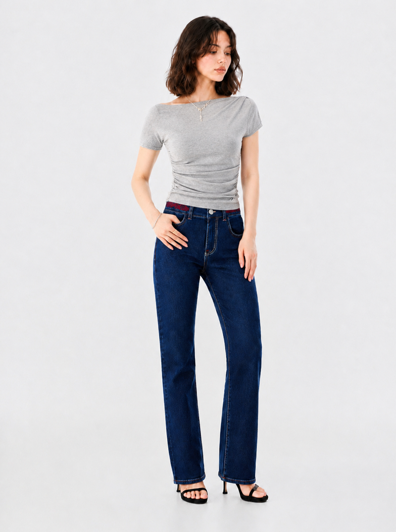 Off Shoulder Ribbed Top with Ruched Waist Detail