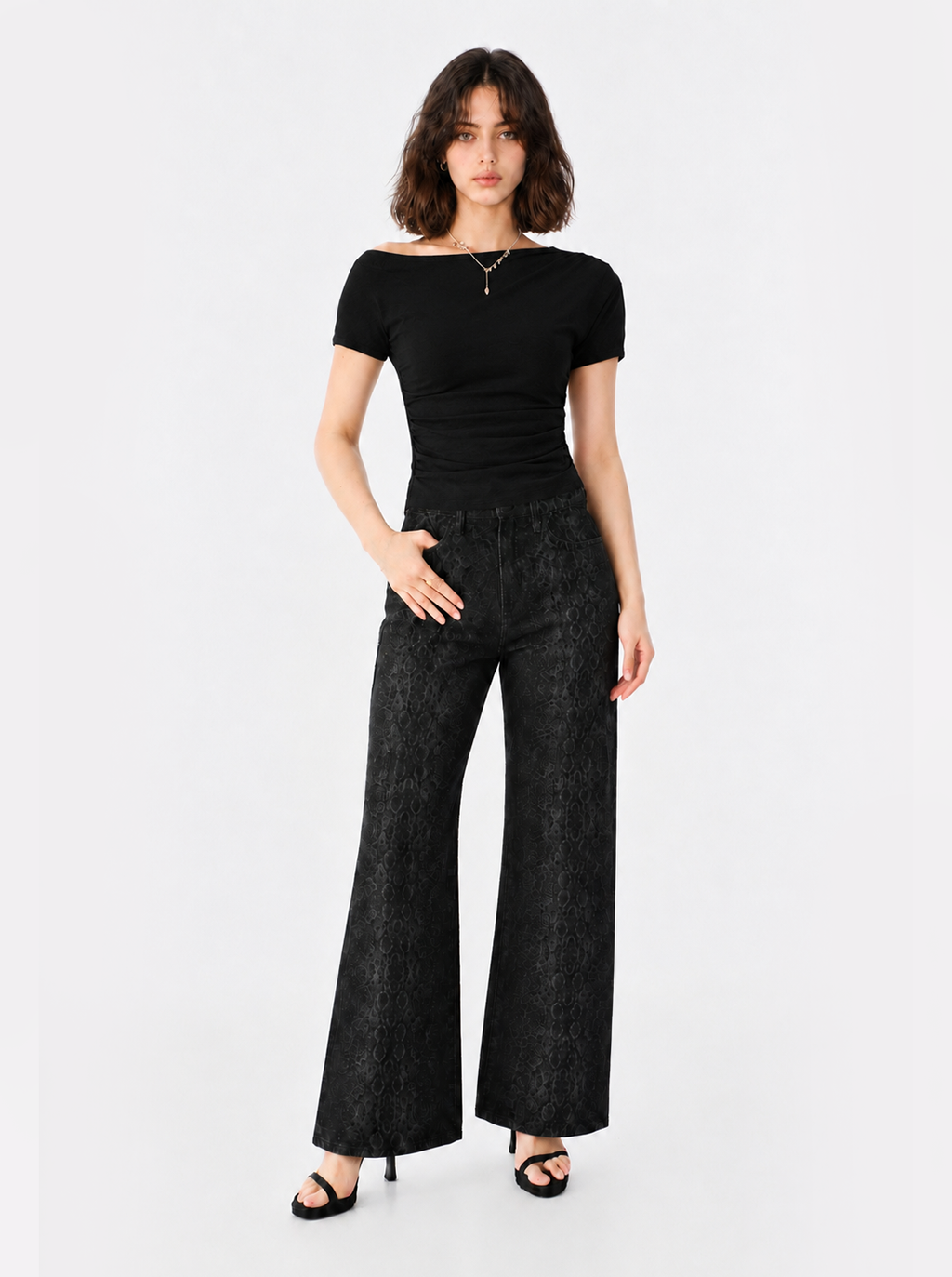 Off Shoulder Ribbed Top with Ruched Waist Detail