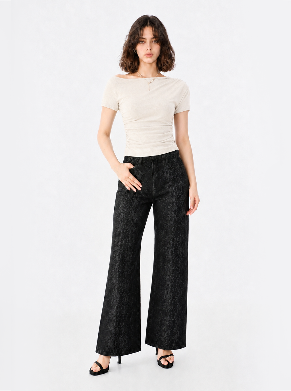 Off Shoulder Ribbed Top with Ruched Waist Detail