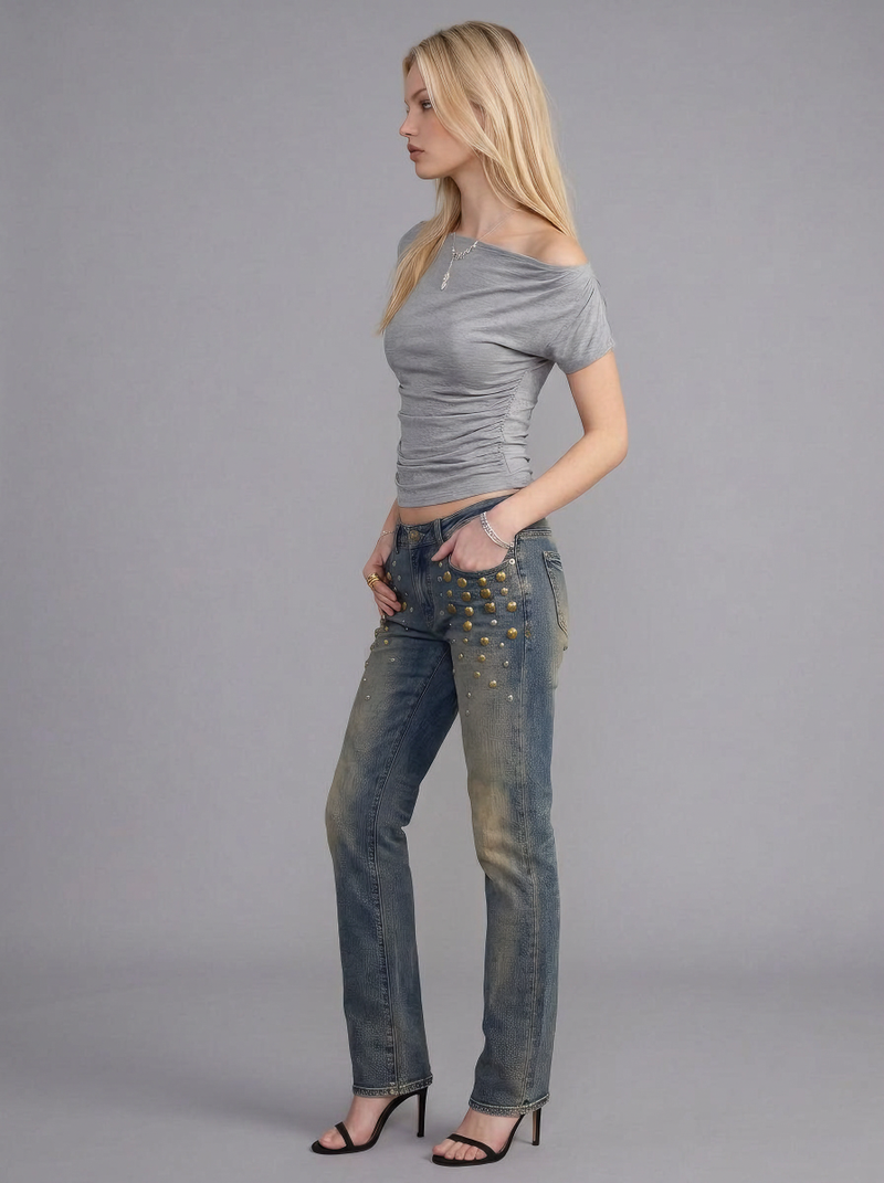Off Shoulder Ribbed Top with Ruched Waist Detail
