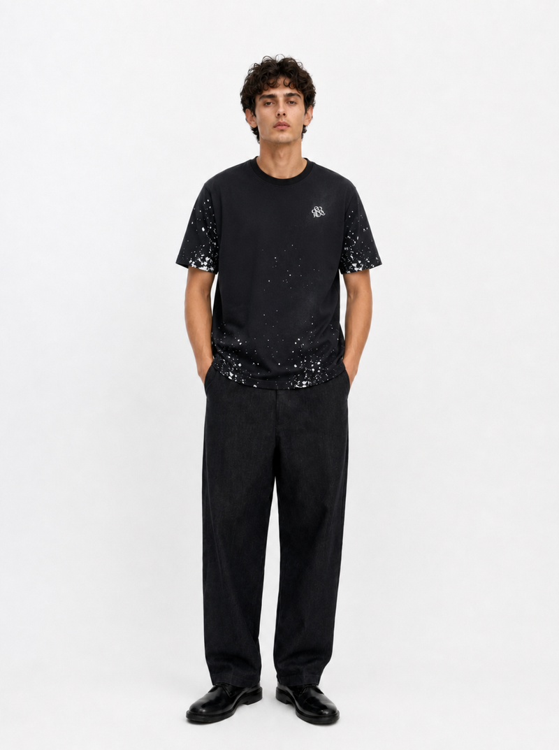 Rock Graphic T-Shirt with Distressed Paint Splatter Detail