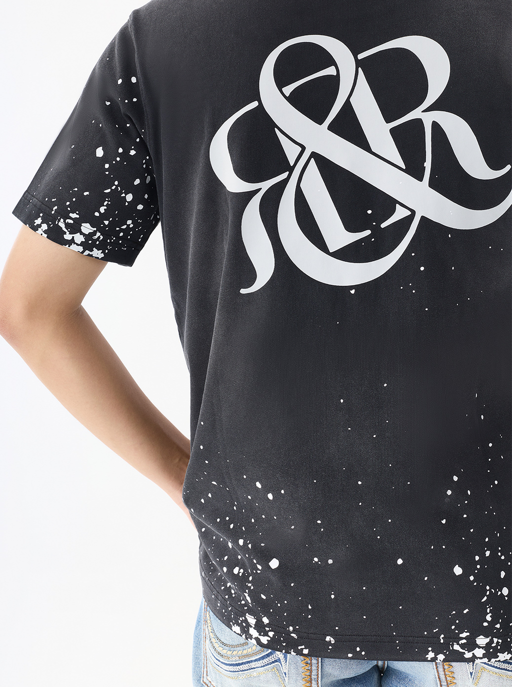 Rock Graphic T-Shirt with Distressed Paint Splatter Detail