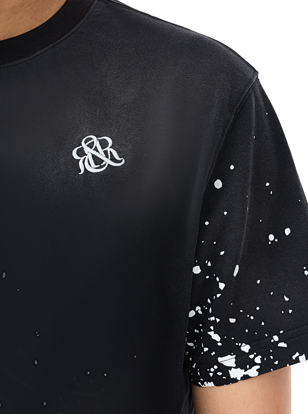 Rock Graphic T-Shirt with Distressed Paint Splatter Detail